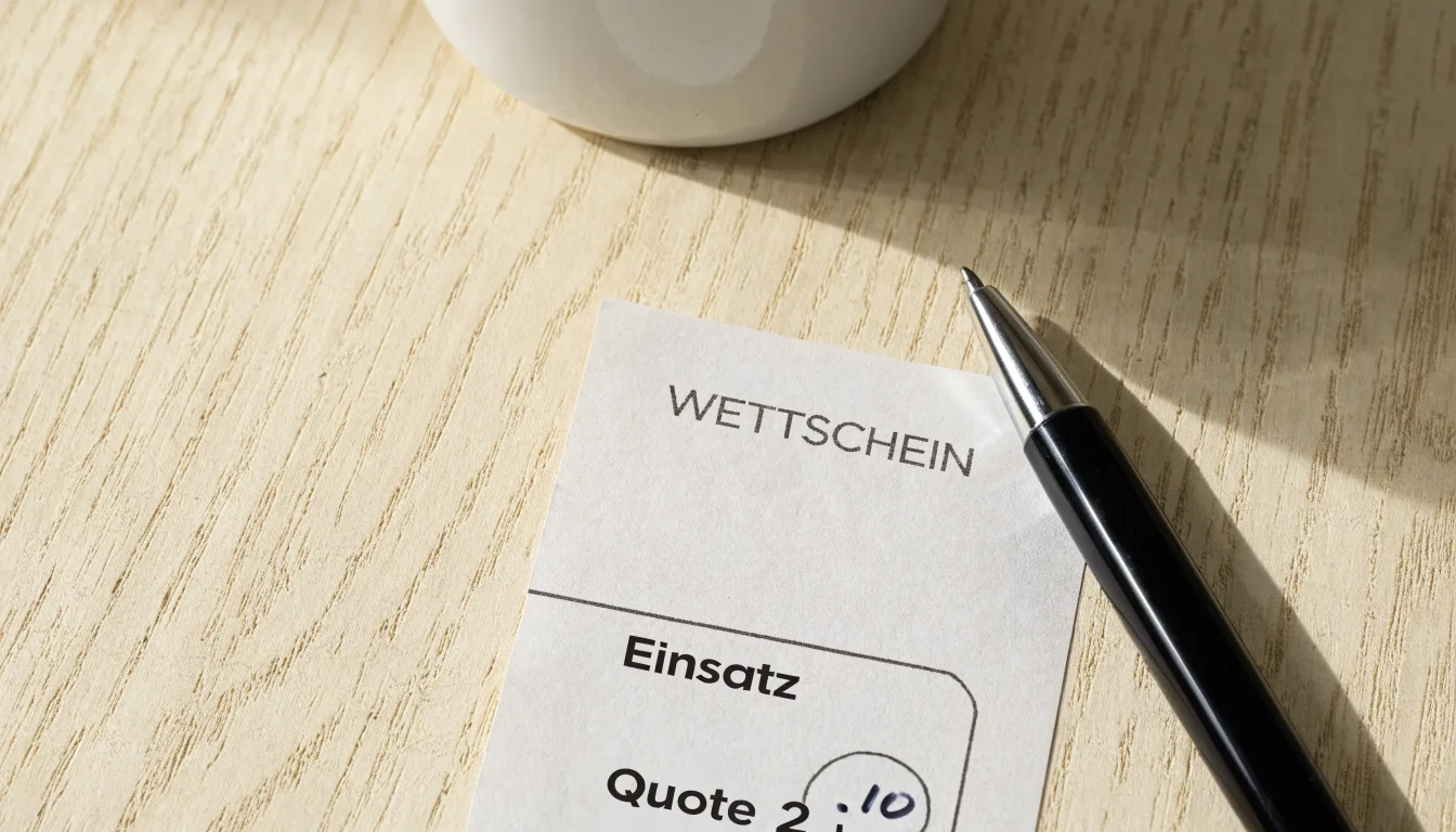 Ein leerer Wettschein aus Papier liegt neben einem Kugelschreiber und einer Tasse auf einem hellen Holztisch.