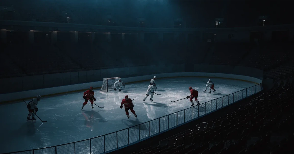 Eine Eishockeyhalle von der Tribüne aus gesehen, spiegelglatte Eisfläche, Banden ohne Schriftzüge, helles Flutlicht.