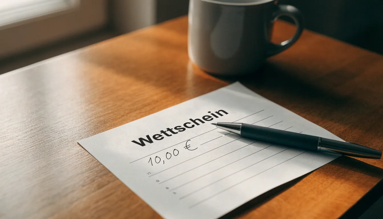 Ein leerer Papierwettschein und ein Kugelschreiber liegen auf einem aufgeräumten Schreibtisch, weiches Licht von einem Fenster.