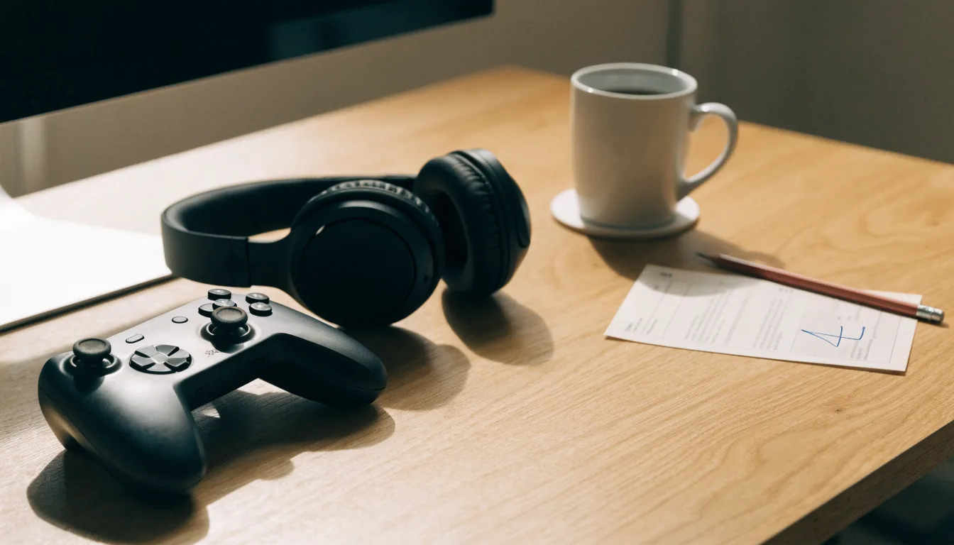 Ein Gamepad und ein Headset liegen auf einem Schreibtisch neben einer Tasse, der Bildschirm im Hintergrund ist ausgeschaltet.