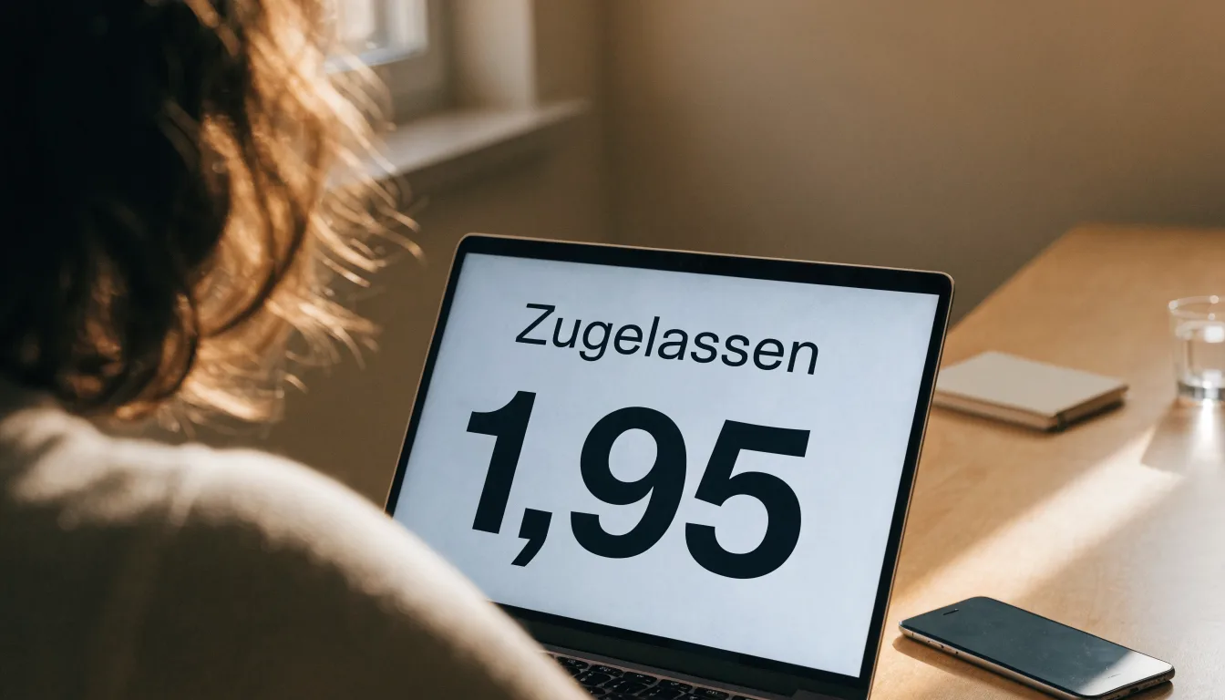 Eine kleine Messingwaage steht auf einem Holztisch vor einem Fenster, weiches Tageslicht, daneben ein leeres Glas.