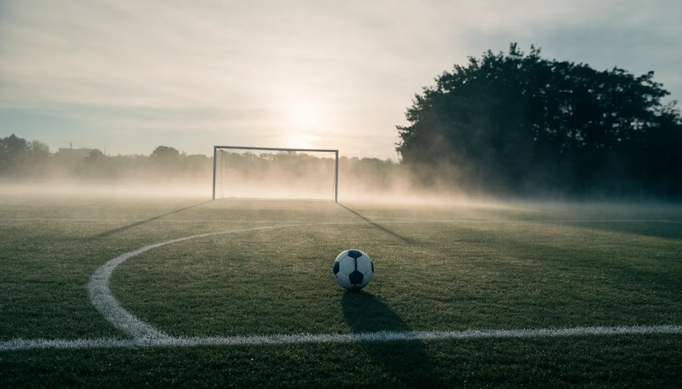 Ein Fußball liegt auf dem Elfmeterpunkt eines leeren Rasenplatzes, im Hintergrund unscharf ein Tor im Morgendunst.
