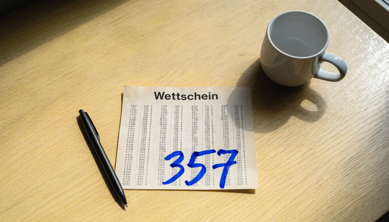 Ein leerer Wettschein aus Papier liegt neben einem Kugelschreiber und einer Tasse auf einem hellen Holztisch.