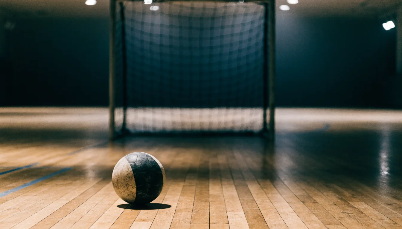 Ein kleiner schwerer Ball liegt in einer Halle auf dem Parkett vor einem Tor, warmes Licht aus den Deckenstrahlern.