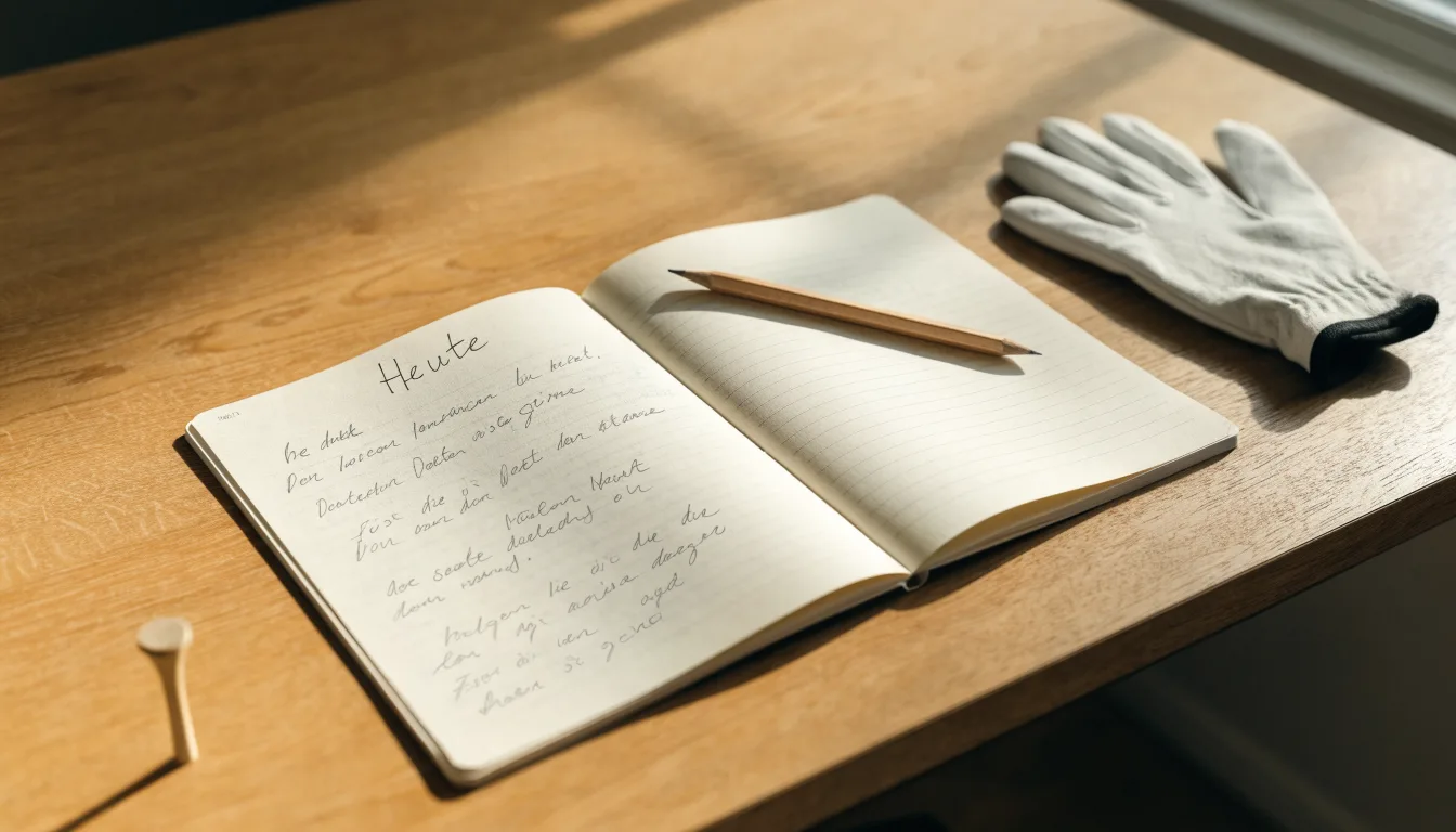Ein Notizbuch mit handschriftlichen Notizen und ein Bleistift liegen neben einem Golfhandschuh und einem Tee auf einem Holztisch.