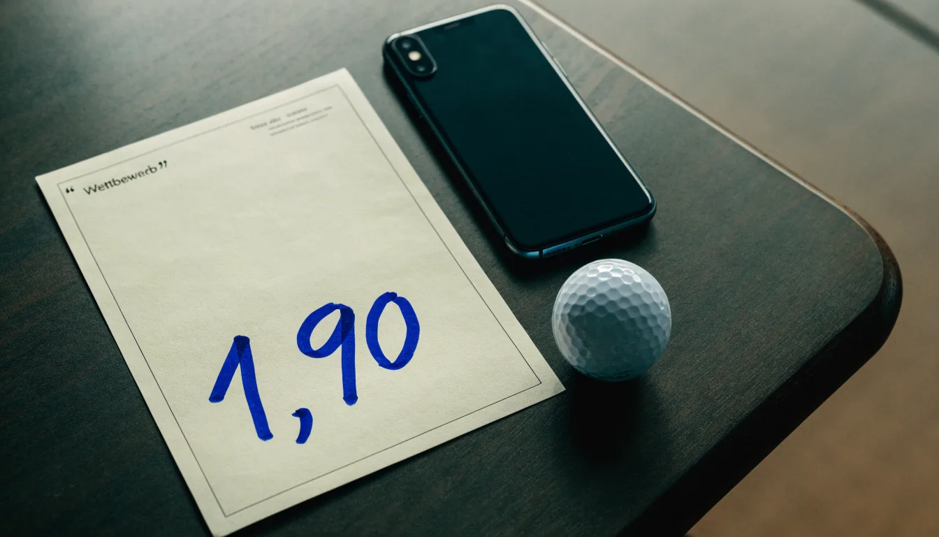 Ein leerer Wettschein aus Papier liegt neben einem Smartphone mit dunklem Display auf einem Tisch, daneben ein einzelner Golfball.