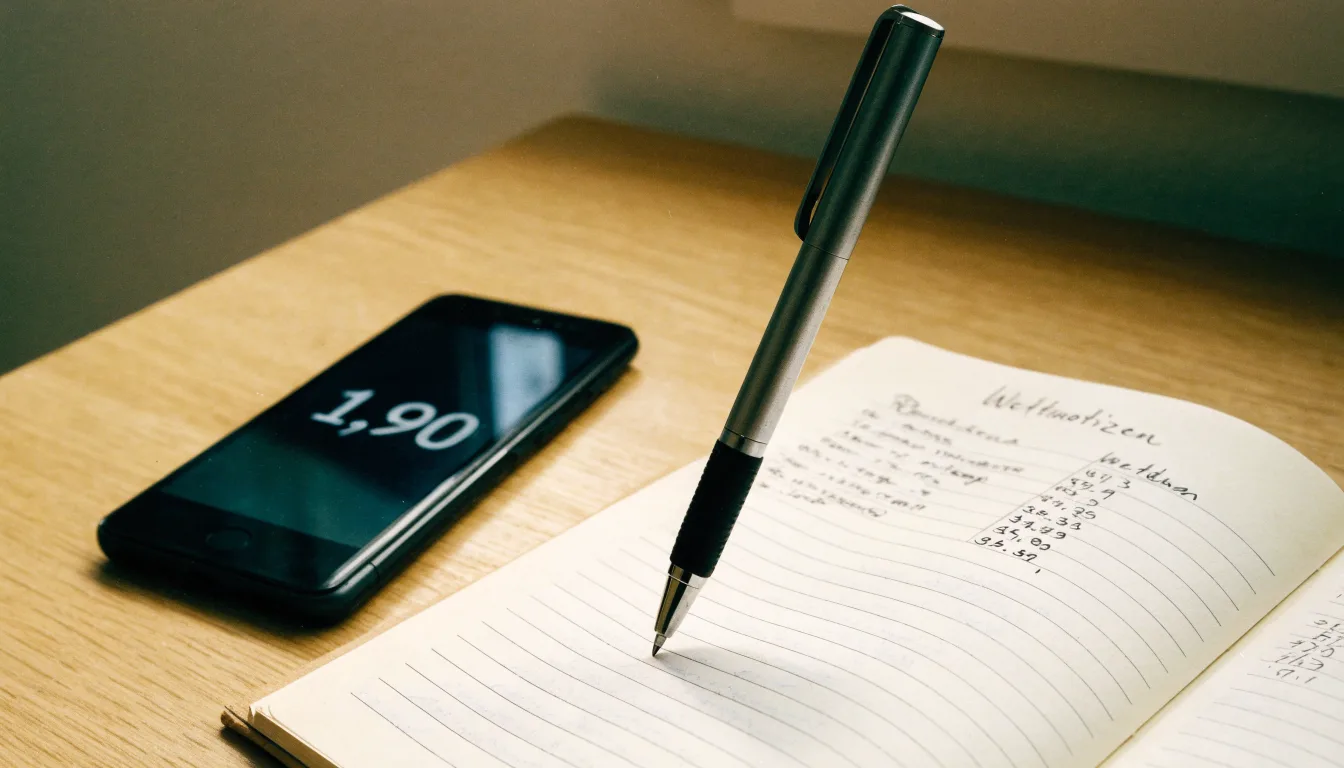 Ein Notizbuch mit handschriftlichen Notizen und ein Stift liegen auf einem Holztisch neben einem Smartphone mit dunklem Bildschirm.