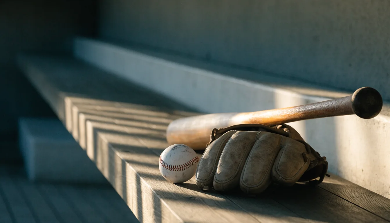 Ein Baseballschläger lehnt an einer Bank im Dugout, daneben liegen ein Handschuh und ein Ball im Licht der Nachmittagssonne.