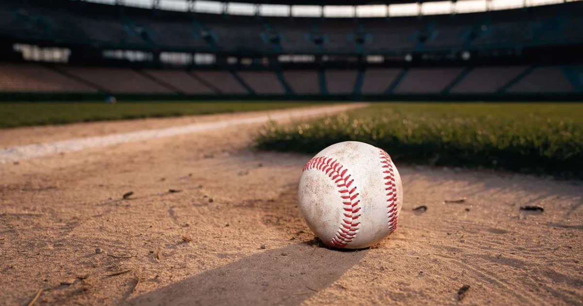 Ein Baseball liegt auf dem hellen Sand des Infields, im Hintergrund eine große Tribüne in der Abenddämmerung.