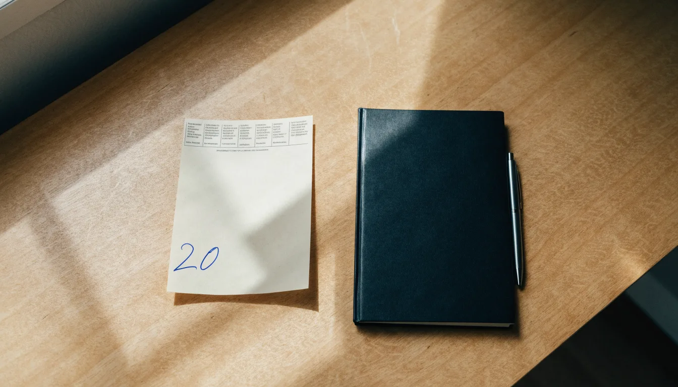 Ein leerer Wettschein aus Papier liegt neben einem Notizbuch und einem Stift auf einem aufgeräumten Schreibtisch.