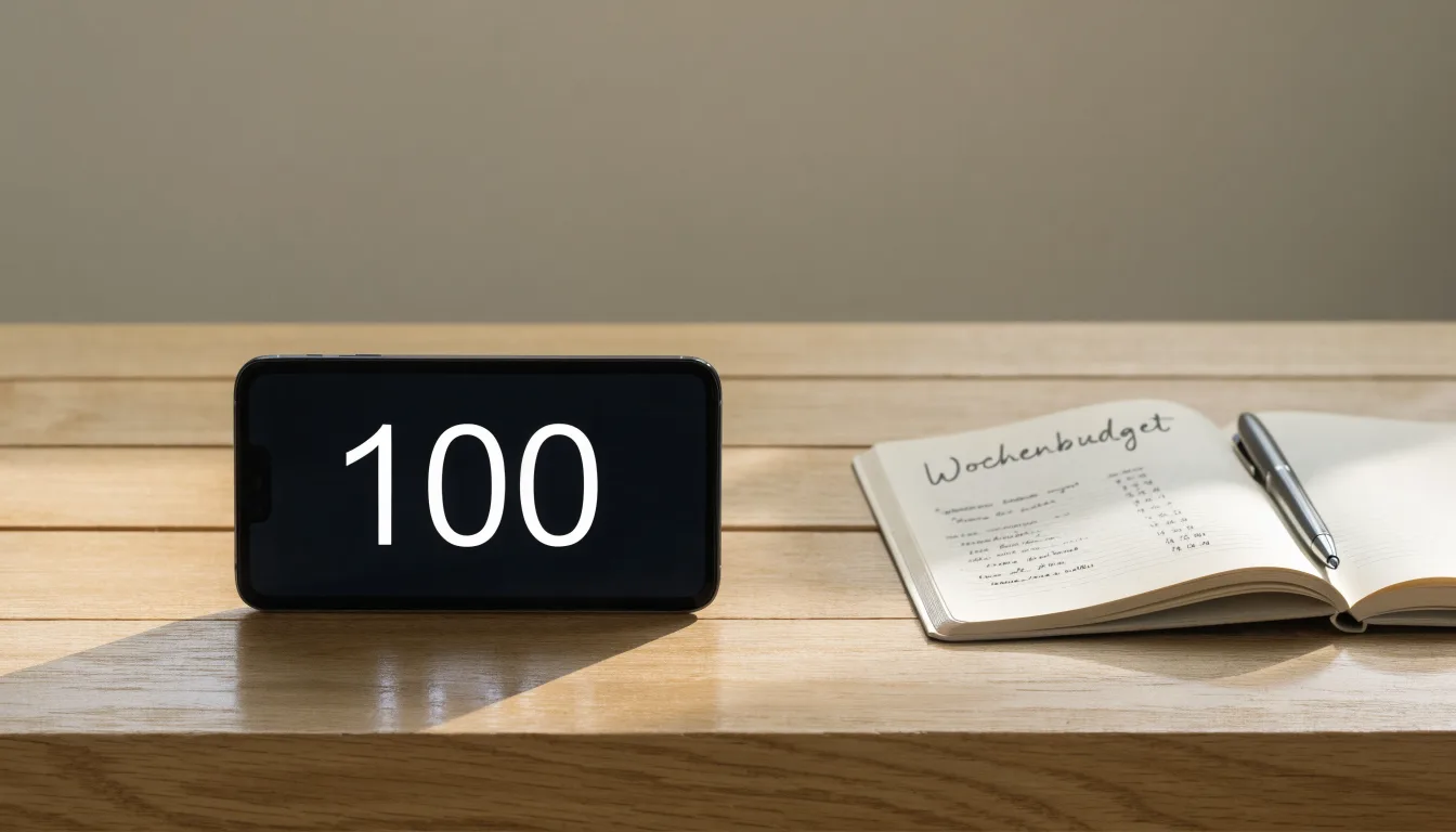 Ein Smartphone mit dunklem Display liegt neben einem Notizbuch und einem Kugelschreiber auf einem Tisch.