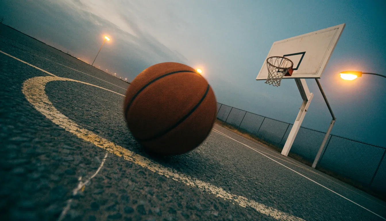 Ein Basketball rollt auf einem Freiluftplatz in der Abenddämmerung zu einem Korb, die Straßenlaternen leuchten bereits.