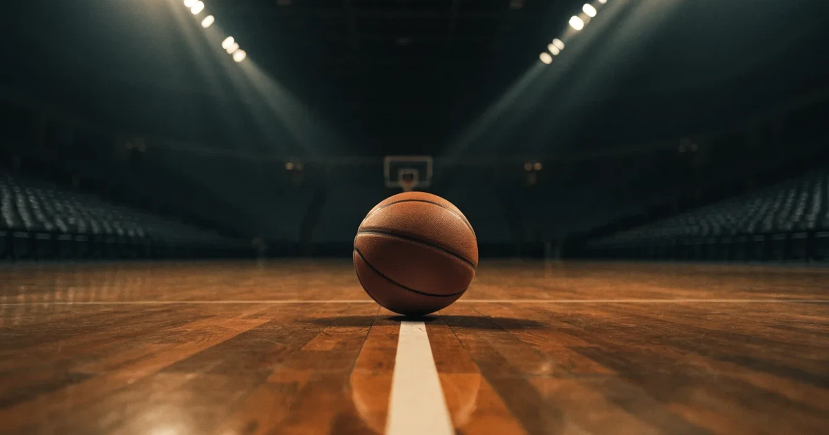Ein Basketball liegt auf dem Parkettboden einer leeren Arena, Scheinwerfer werfen Licht auf die Mittellinie.
