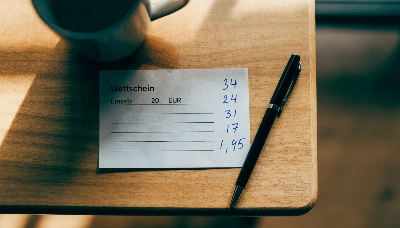 Ein leerer Wettschein aus Papier liegt neben einem Kugelschreiber auf einem Schreibtisch im Tageslicht.