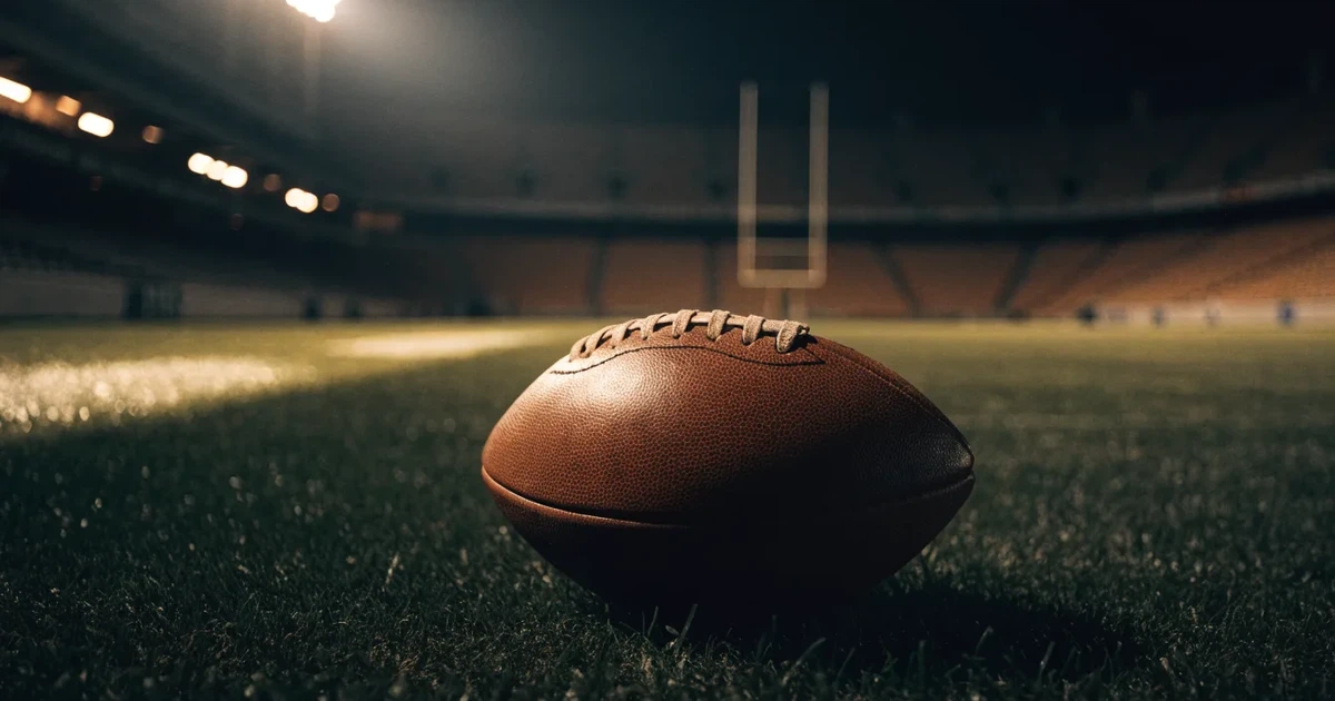 Ein American Football liegt auf dem Rasen eines leeren Stadions unter Flutlicht, die Torstangen ragen im Hintergrund auf.