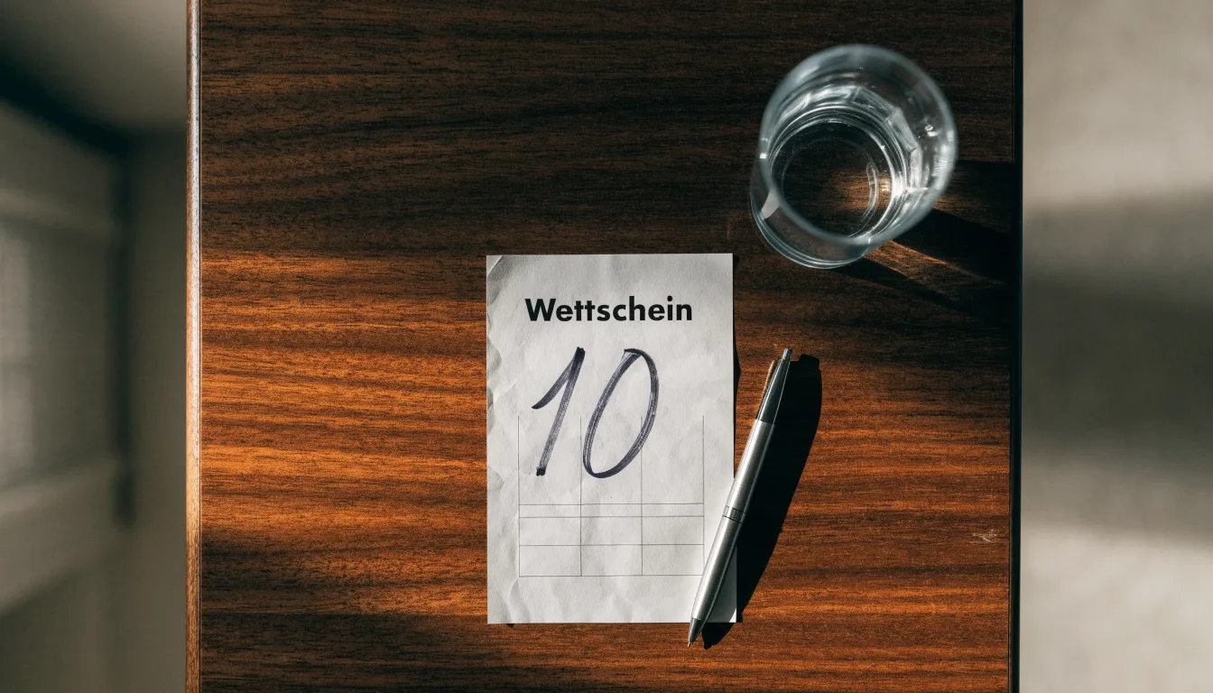 Ein leerer Wettschein aus Papier liegt neben einem Stift auf einem Tisch, daneben ein Glas Wasser.