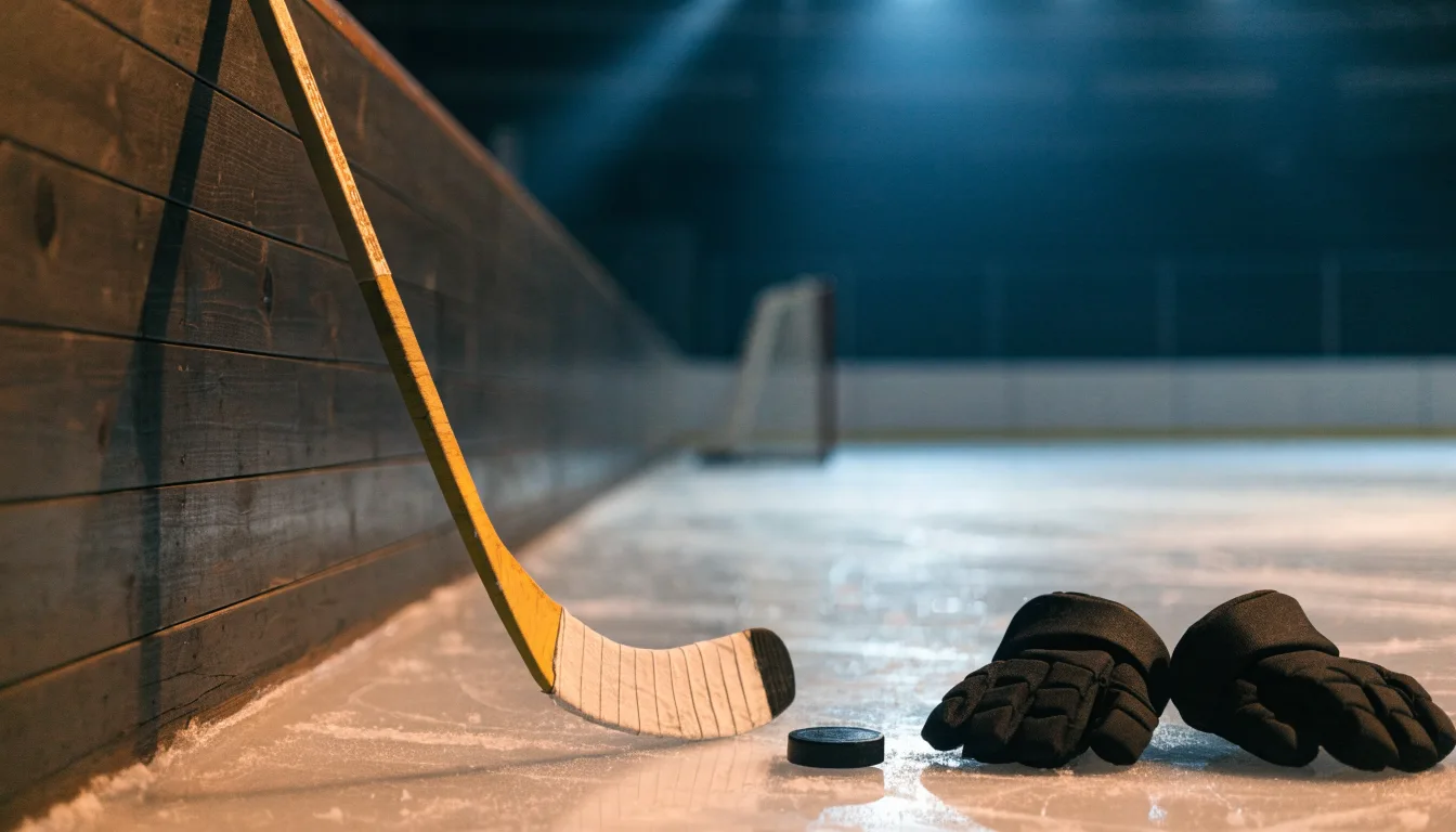 Ein Eishockeyschläger lehnt an einer Bande, daneben liegen ein Puck und ein Paar Handschuhe in einer Eishalle.