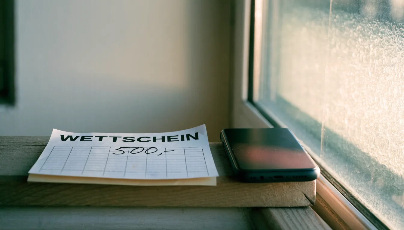 Ein leerer Wettschein aus Papier und ein Smartphone mit dunklem Display liegen auf einer Fensterbank im Tageslicht.