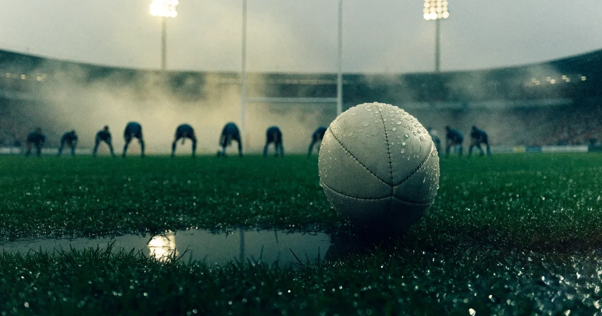 Ein ovaler Rugbyball liegt vor den hohen Torstangen auf nassem Rasen, über dem Stadion zieht Nebel auf.