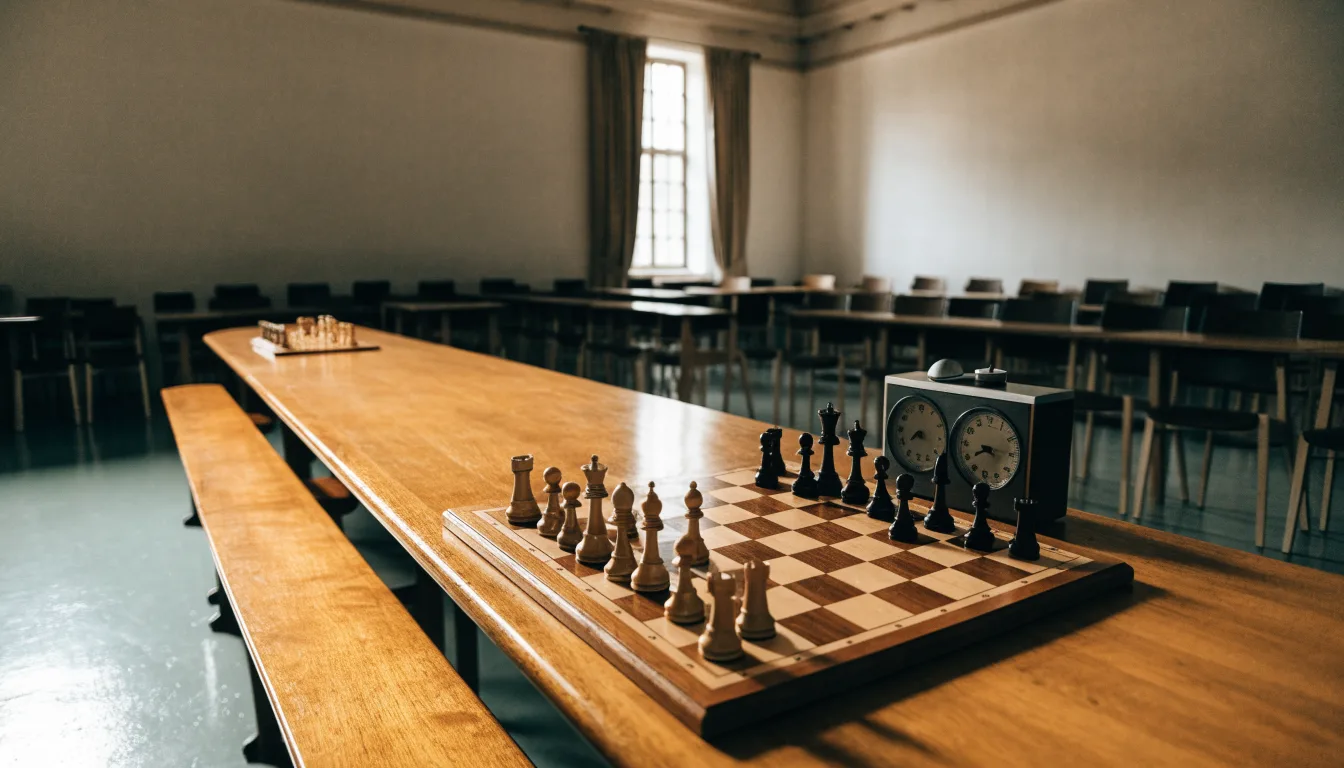 Ein Schachbrett und eine Schachuhr stehen auf einem Tisch in einem leeren Turniersaal, die Stühle sind ordentlich zurückgeschoben.