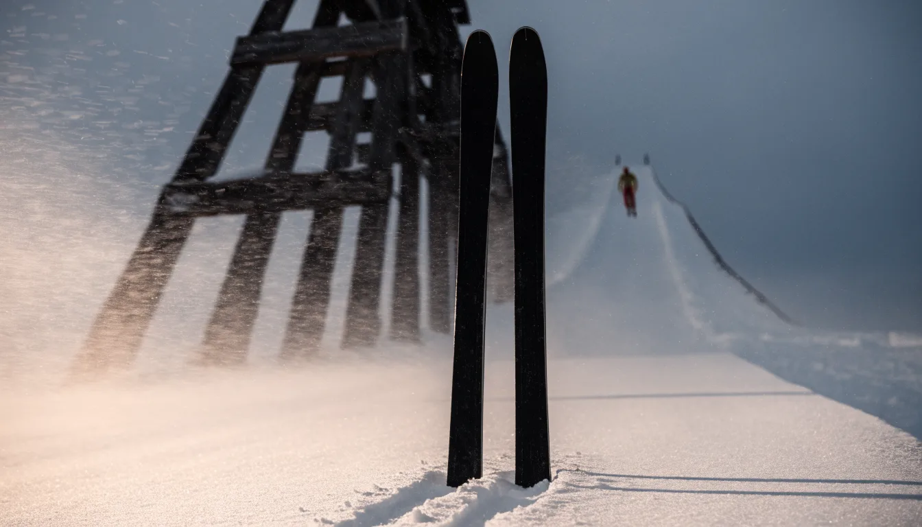 Ein Paar Skier steckt aufrecht im Schnee neben einem Anlaufturm, im Hintergrund wirbelt feiner Schnee im Wind.