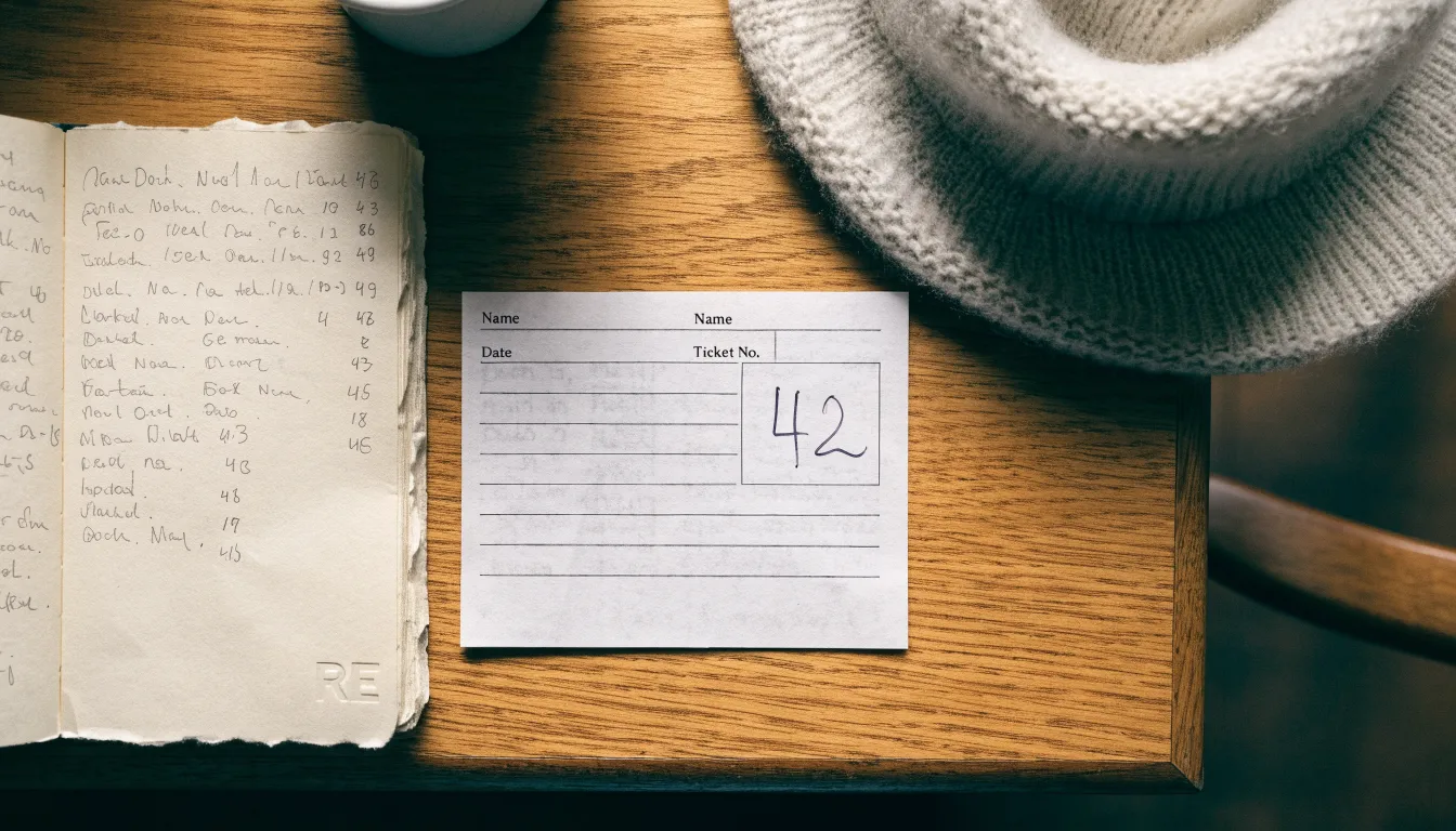 Ein leerer Wettschein aus Papier und ein Notizbuch liegen neben einer Wollmütze auf einem Holztisch.
