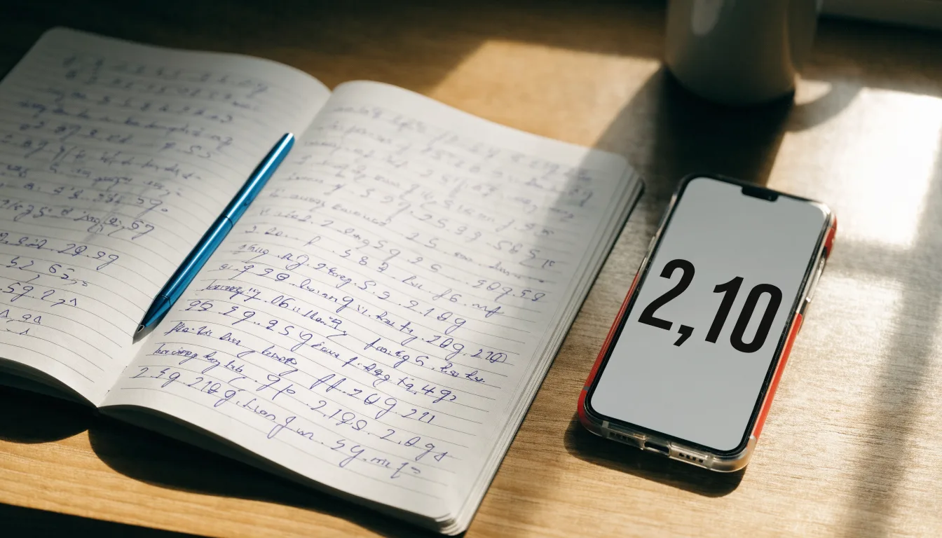 Ein aufgeschlagenes Notizbuch mit handschriftlichen Rechnungen liegt neben Stift und Smartphone auf einem Holztisch im Tageslicht.