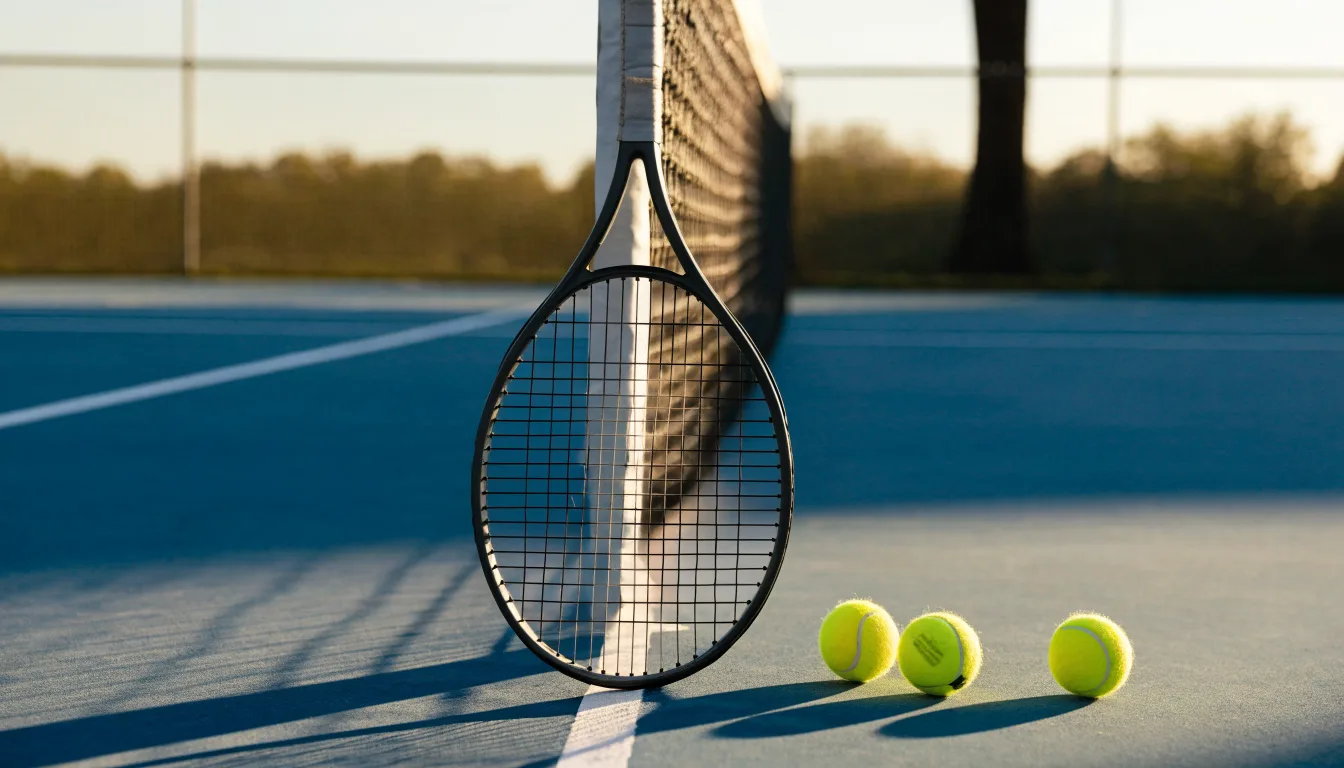 Ein Tennisschläger lehnt an einem Netzpfosten, daneben liegen drei Bälle auf einem Hartplatz in warmem Nachmittagslicht.