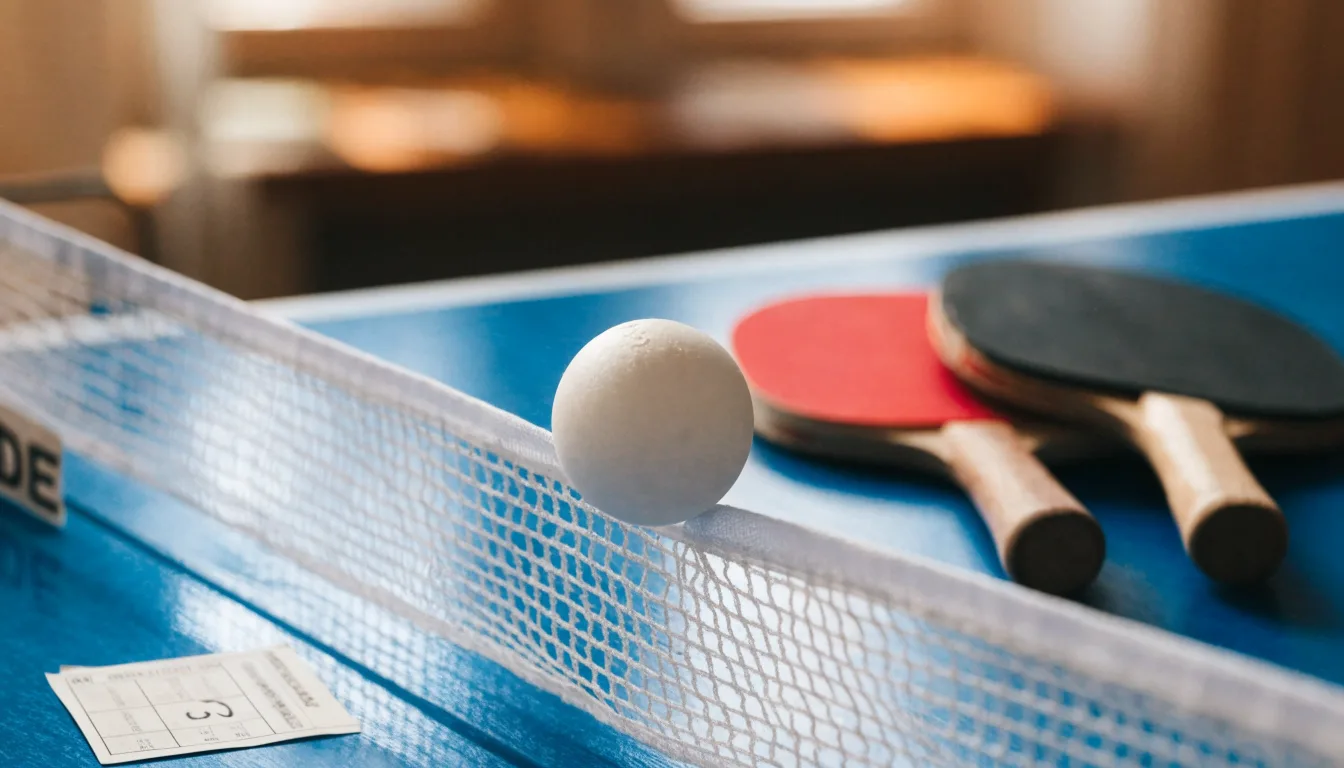 Ein weißer Ball liegt in Nahaufnahme auf der Netzkante einer Tischtennisplatte, daneben zwei Holzschläger mit rotem und schwarzem Belag.