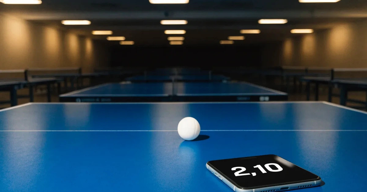 Eine Tischtennishalle aus erhöhter Perspektive mit mehreren blauen Tischen in Reihen unter gedämpftem Hallenlicht, ohne Personen.