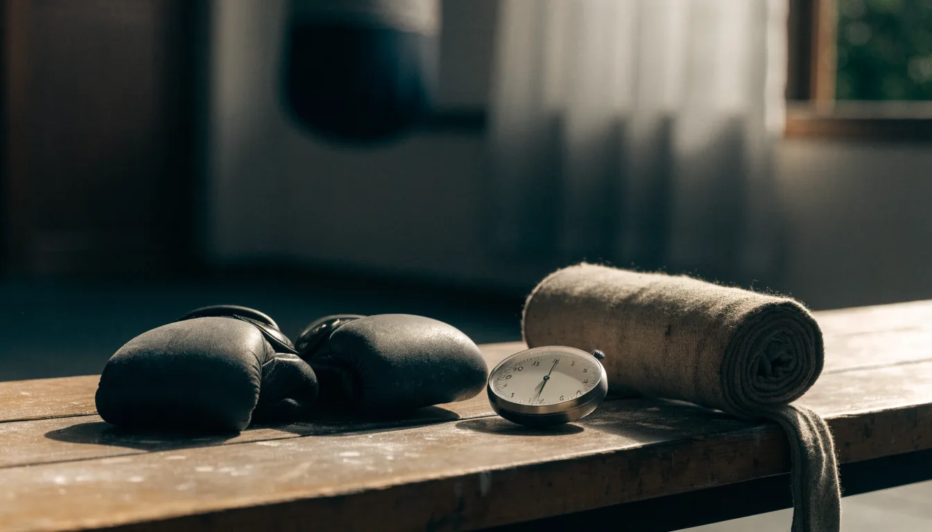 Ein Paar Kampfhandschuhe und eine Stoppuhr liegen auf einer Bank im Trainingsraum neben einer aufgerollten Handbandage.