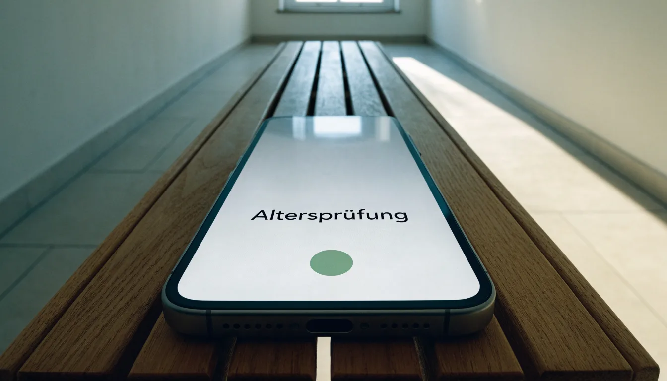 Ein heller Flur in einem Verwaltungsgebäude mit einer leeren Holzbank und einem Fenster, durch das Morgenlicht fällt.