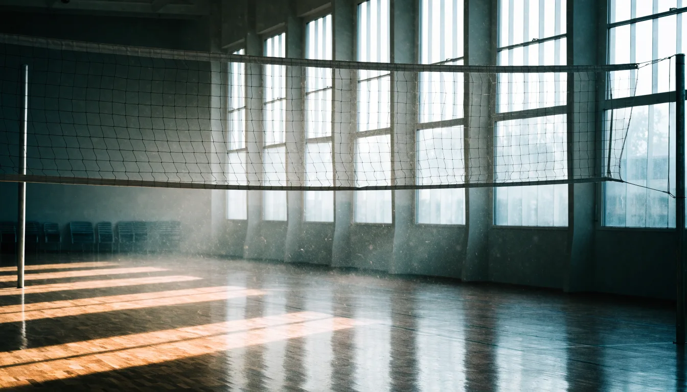 Eine leere Sporthalle mit gespanntem Volleyballnetz und glänzendem Parkett, durch hohe Fenster fällt Tageslicht.