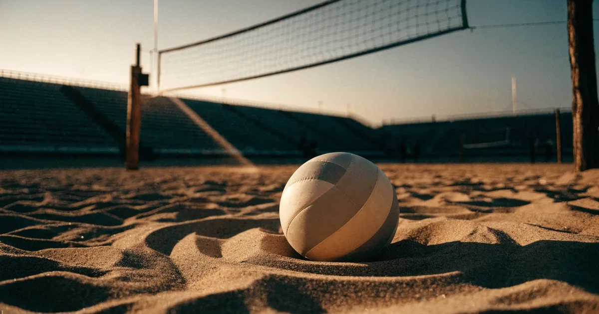Ein Volleyball liegt auf dem Sand eines Beachvolleyball-Feldes neben dem gespannten Netz, im Hintergrund eine leere Tribüne bei Abendlicht.