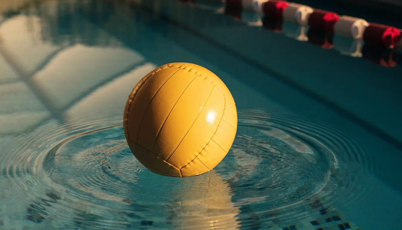 Ein gelber Wasserball treibt in Nahaufnahme auf der Wasseroberfläche neben einer Leine mit Bojen.