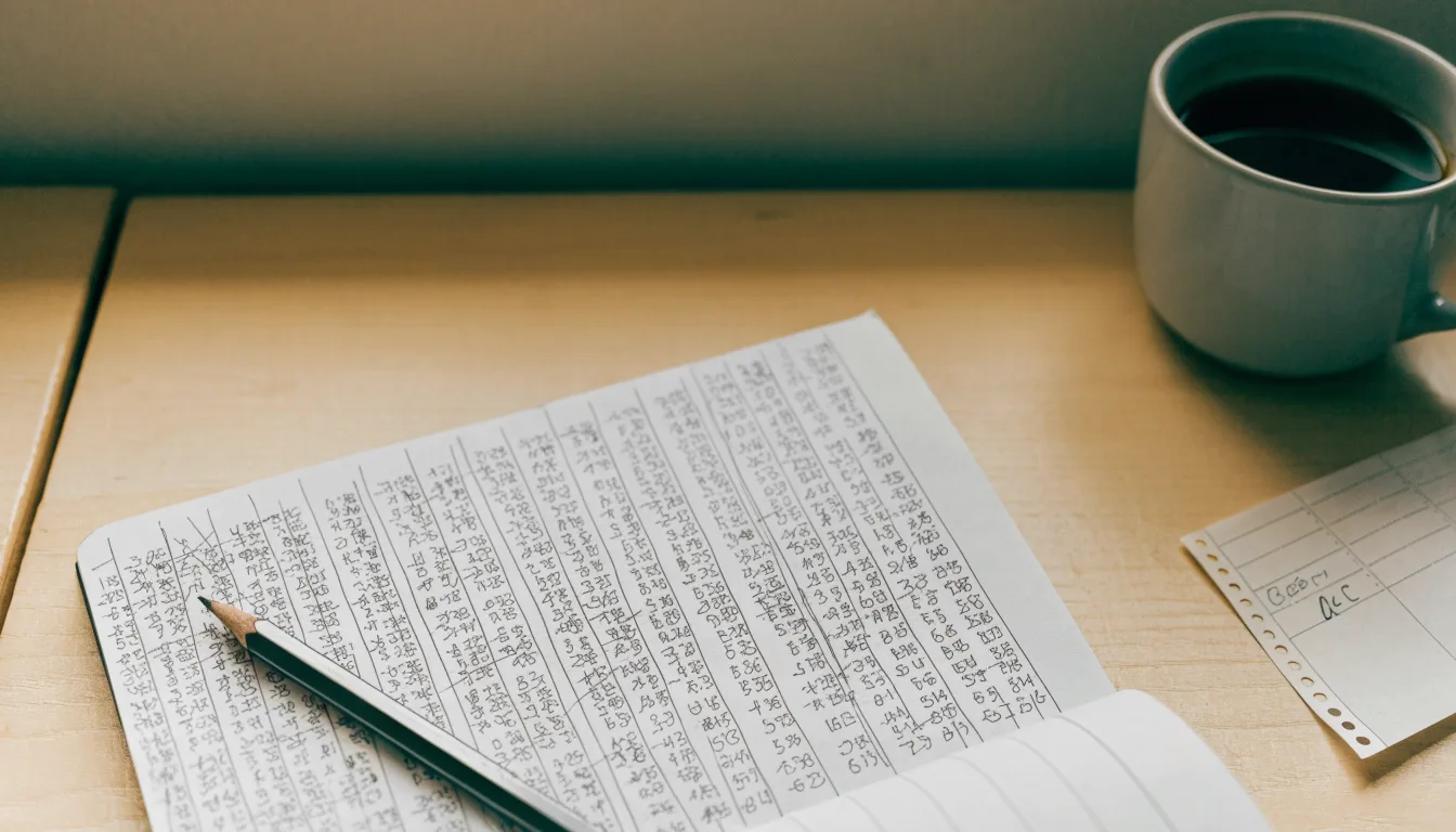 Ein Notizbuch mit handschriftlichen Spalten und einem Bleistift liegt auf einem Schreibtisch neben einem Taschenrechner.