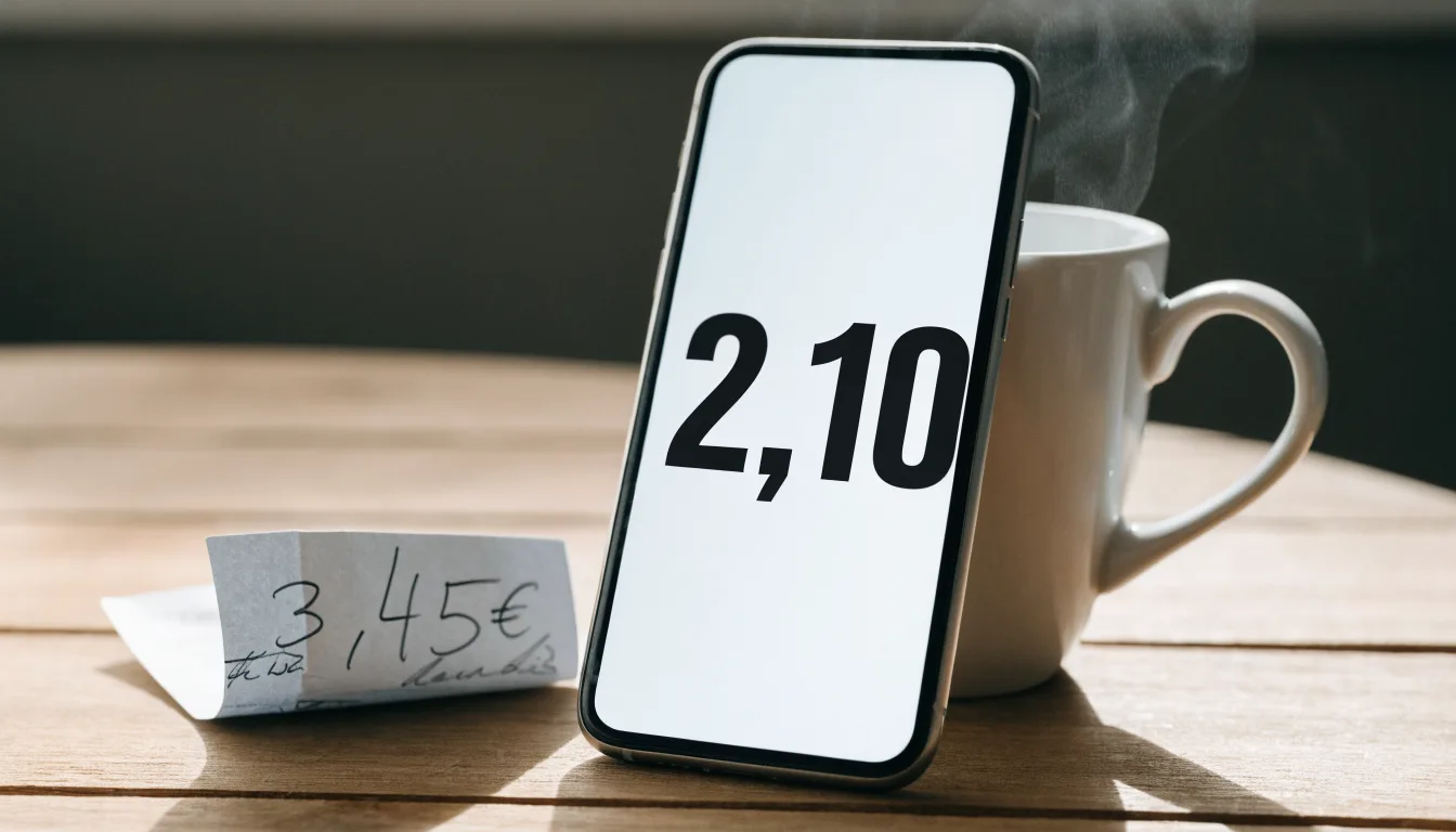 Ein Smartphone mit dunklem Bildschirm lehnt an einer Kaffeetasse auf einem Holztisch, daneben ein blanker Papier-Wettschein.