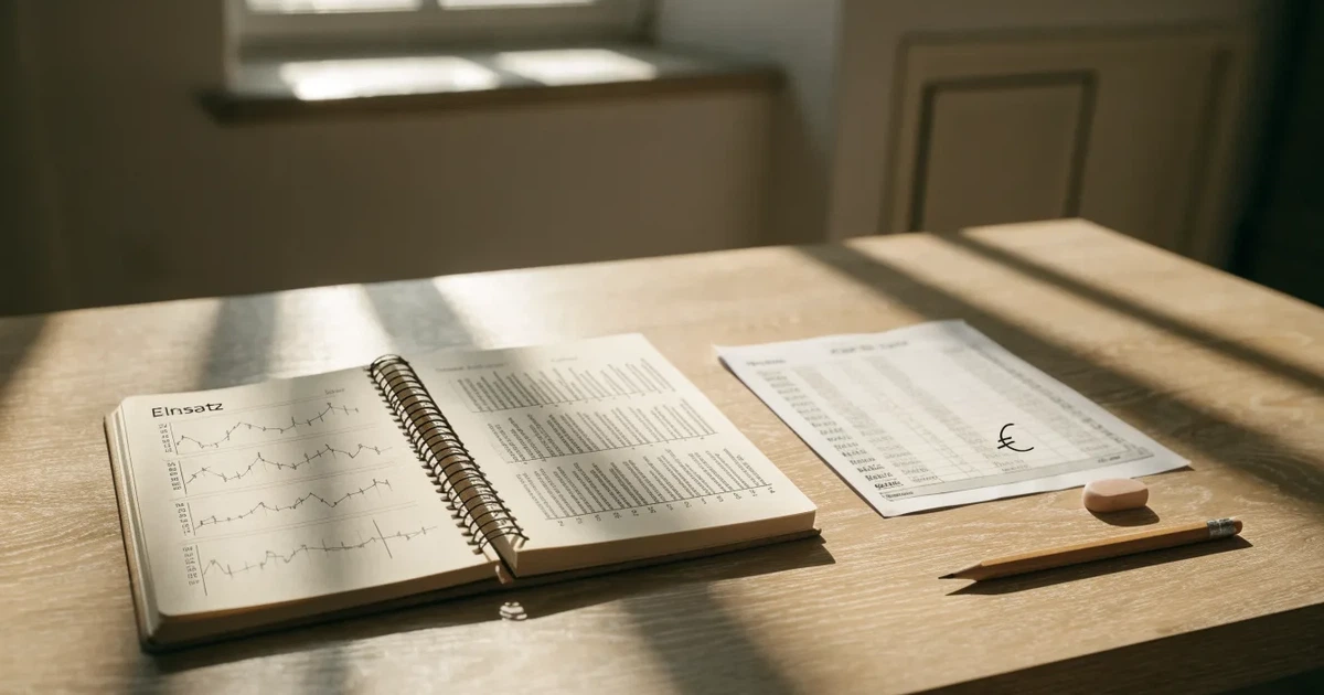 Ein Notizbuch mit handgezeichneten Kurven und Strichlisten liegt aufgeschlagen neben Bleistift und Radiergummi auf einem Schreibtisch im Tageslicht.