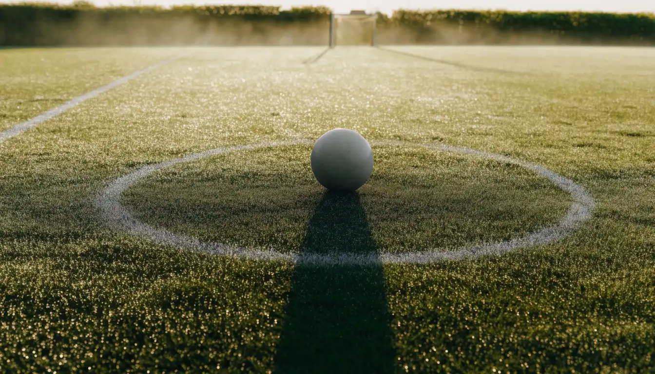 Ein Fußball liegt auf dem Anstoßpunkt eines Rasenplatzes im ersten Morgenlicht, Tau glänzt auf dem Gras.