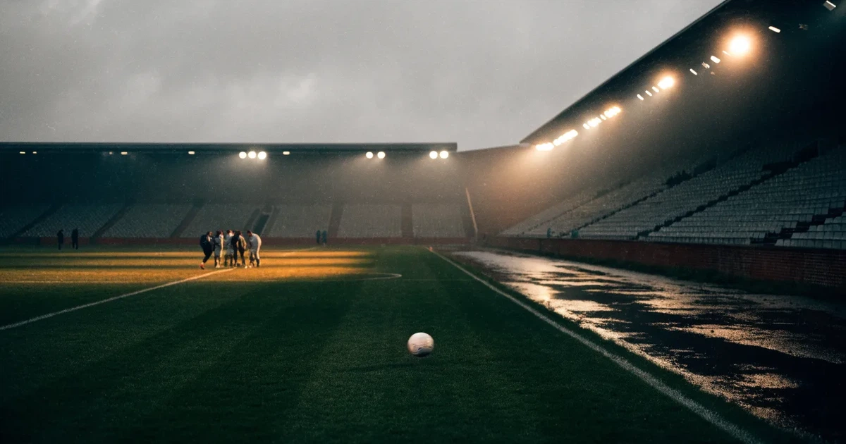 Ein englisches Fußballstadion mit rotbraunen Backsteintribünen unter bedecktem Himmel, davor ein nasser Rasen mit Spielfeldlinien.