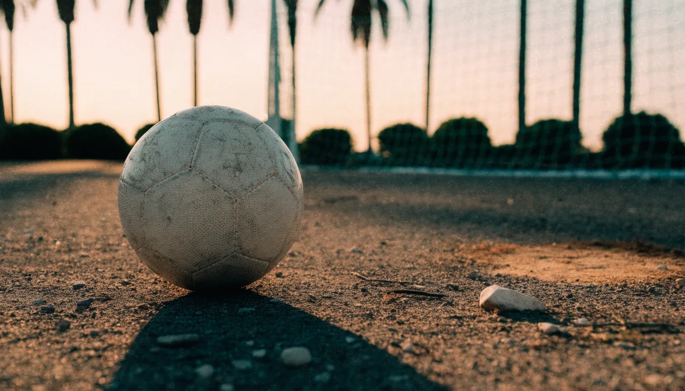 Ein Fußball liegt auf einem staubigen Bolzplatz mit Palmen im Hintergrund in warmem Abendlicht.
