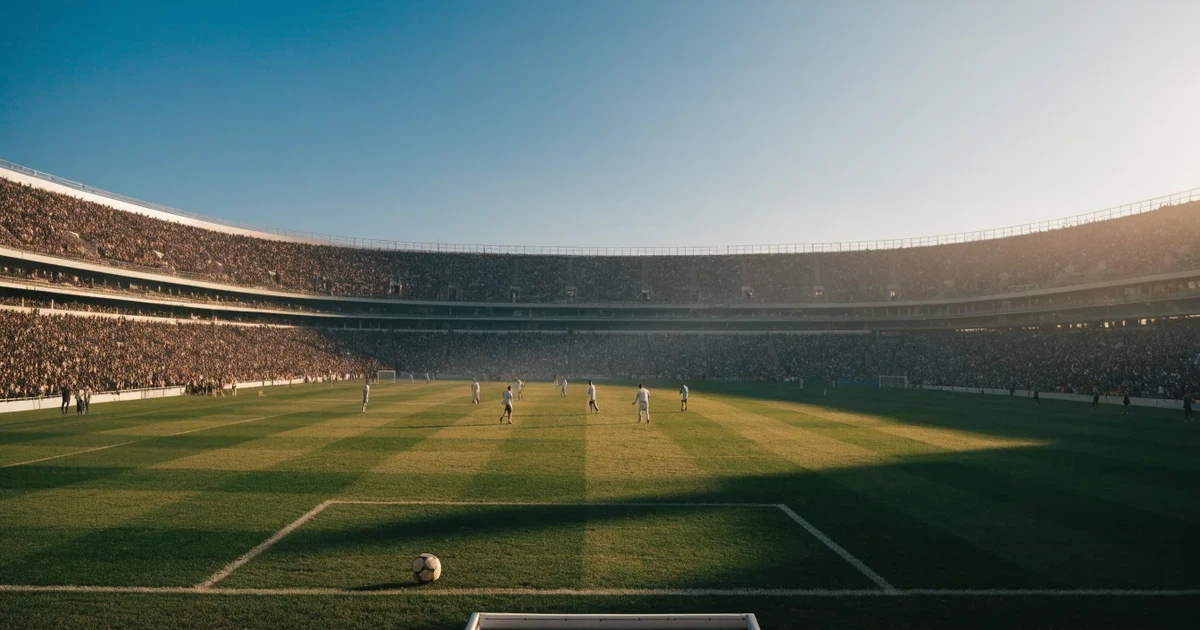 Ein Fußballstadion mit hellen Rängen unter strahlend blauem Himmel, davor ein sonnenbeschienener Rasen mit frisch gemähten Streifen.