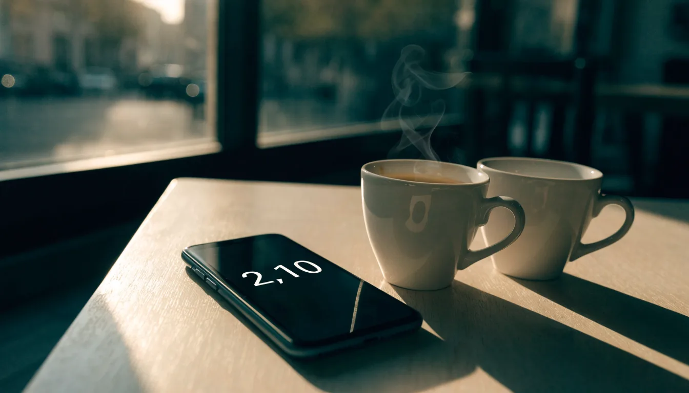 Zwei Kaffeetassen und ein dunkles Smartphone stehen auf einem Café-Tisch am Fenster im Morgenlicht.