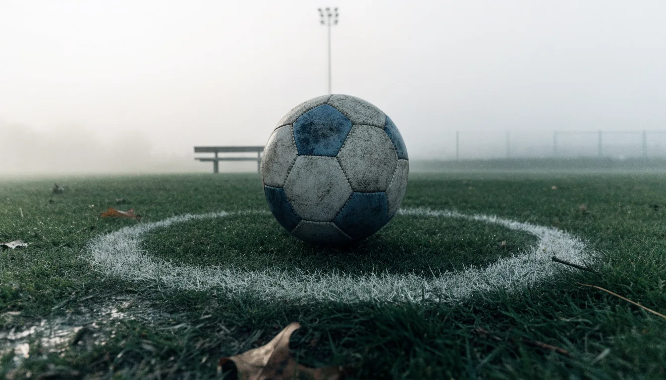 Ein abgewetzter Fußball liegt auf dem Anstoßkreis eines Naturrasens im Morgennebel.