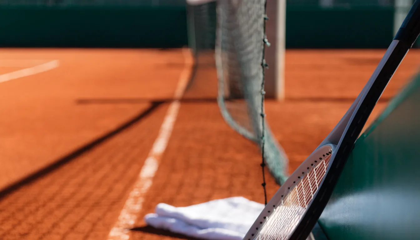 Ein Tennisschläger lehnt an einer dunkelgrünen Bande ohne Aufschrift auf einem Sandplatz, daneben liegt ein Handtuch.