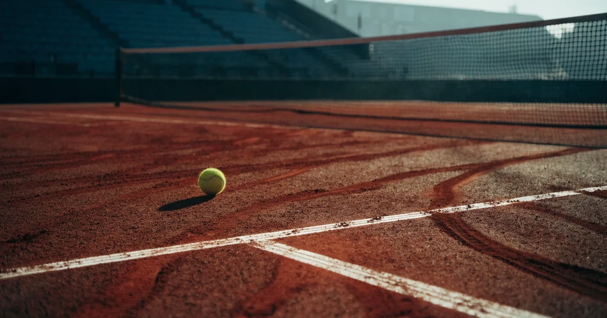 Ein Sandplatz mit rötlichem Belag und gezogenen weißen Linien, ein einzelner Tennisball liegt neben der Linie, im Hintergrund eine leere Tribüne.
