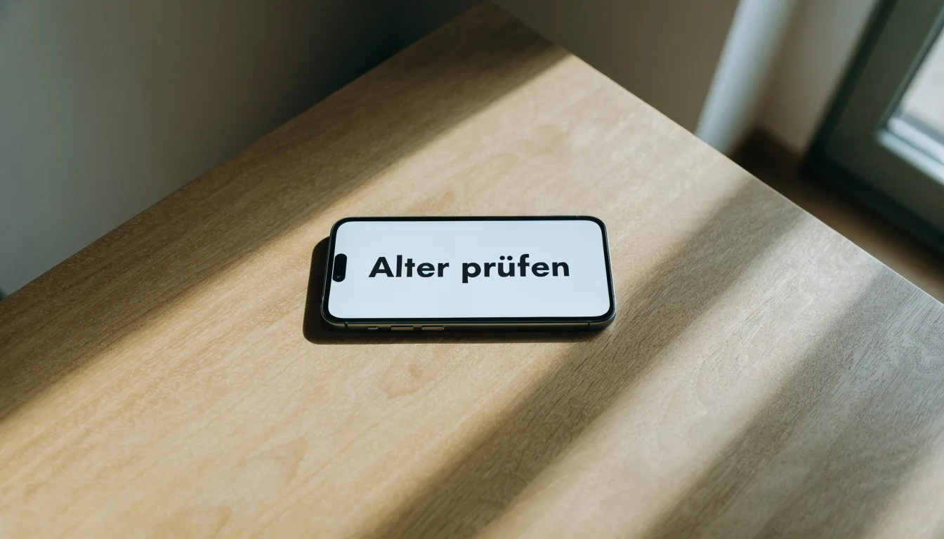 Eine Messingwaage steht auf einer polierten Tischplatte vor einem Fenster, durch das gedämpftes Licht fällt.