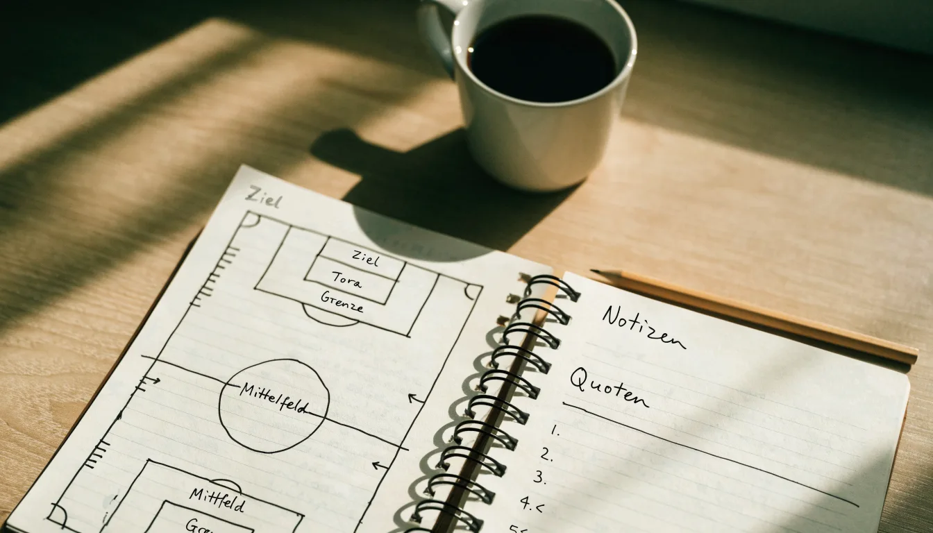 Ein aufgeschlagenes Notizbuch mit handschriftlichen Skizzen liegt neben einem Bleistift auf einem Holztisch, daneben eine Tasse Kaffee.