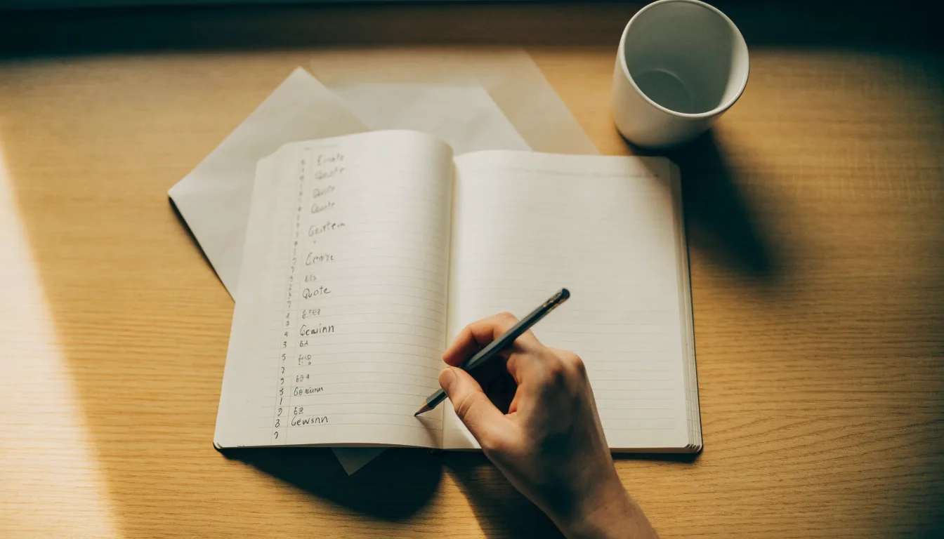 Ein Taschenrechner und ein Bleistift liegen auf einem Schreibtisch neben einem aufgeschlagenen Notizbuch mit handschriftlichen Zahlenreihen.