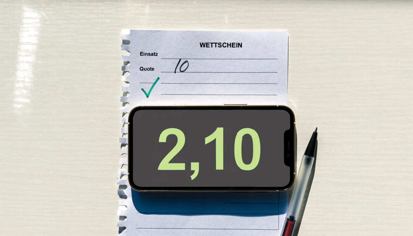 Ein leerer Papier-Wettschein liegt neben einem Smartphone mit dunklem Display auf einer hellen Tischplatte, daneben ein Kugelschreiber.
